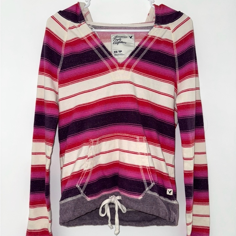 Vtg Y2K American Eagle Outfitters Striped Henley Hoodie with Drawstring Waist XS